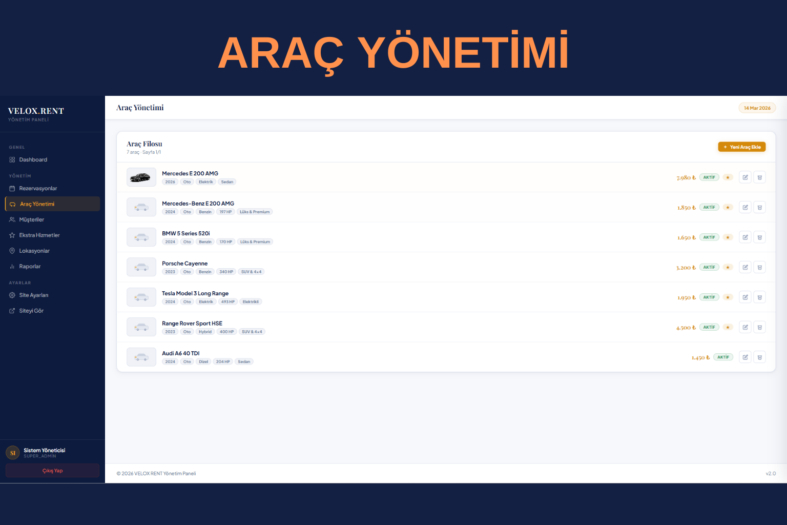 Velox Rent A Car Yazılımı, Gelişmiş Araç Yönetimi