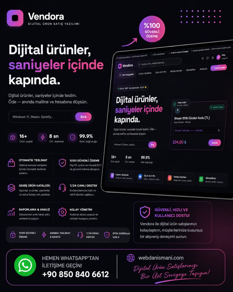Vendora Dijital Ürün, E-Pin Satı Yazılımı