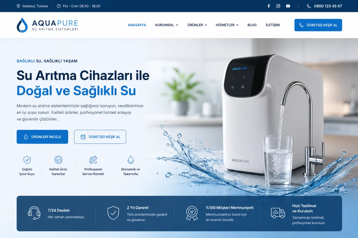 AquaPure — Su Arıtma Firmaları için Hazır Kurumsal Site + Yönetim Paneli